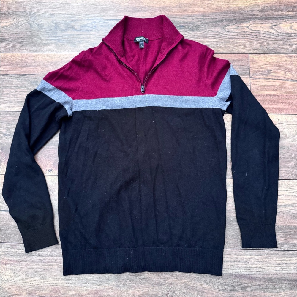 Express Men's Zip-Up Merino Wool Blend Sweater - Black, Gray, & Red - Large Tall